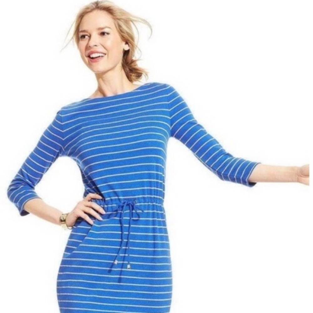 Blazing Blue Metallic Striped Sweater Dress